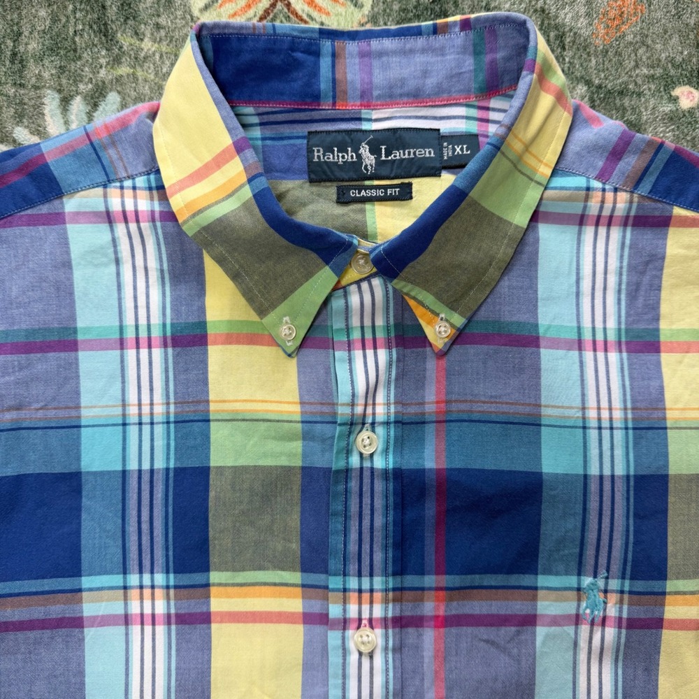 Ralph Lauren Classic Fit Plaid Short Sleeve Button Down Shirt Men XL Blue Yellow
